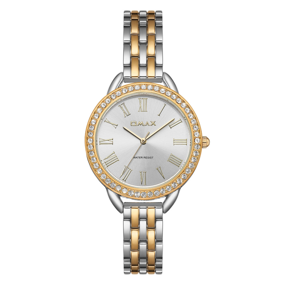Omax Dual Tone Women’s Watch, Roman Numerals Silver Dial, Crystal Bezel, Stainless Steel, Water Resistant