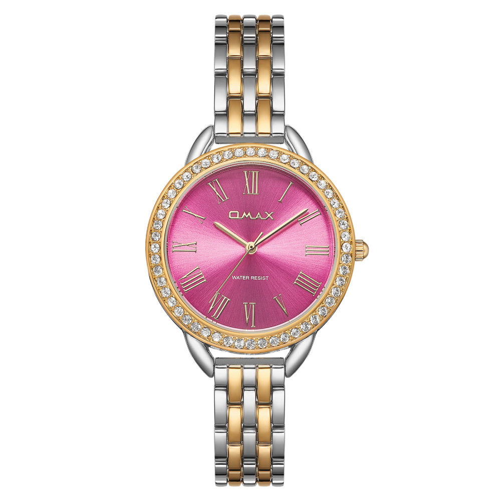 Omax Dual Tone Women’s Watch, Roman Numerals Purple Dial, Crystal Bezel, Stainless Steel, Water Resistant