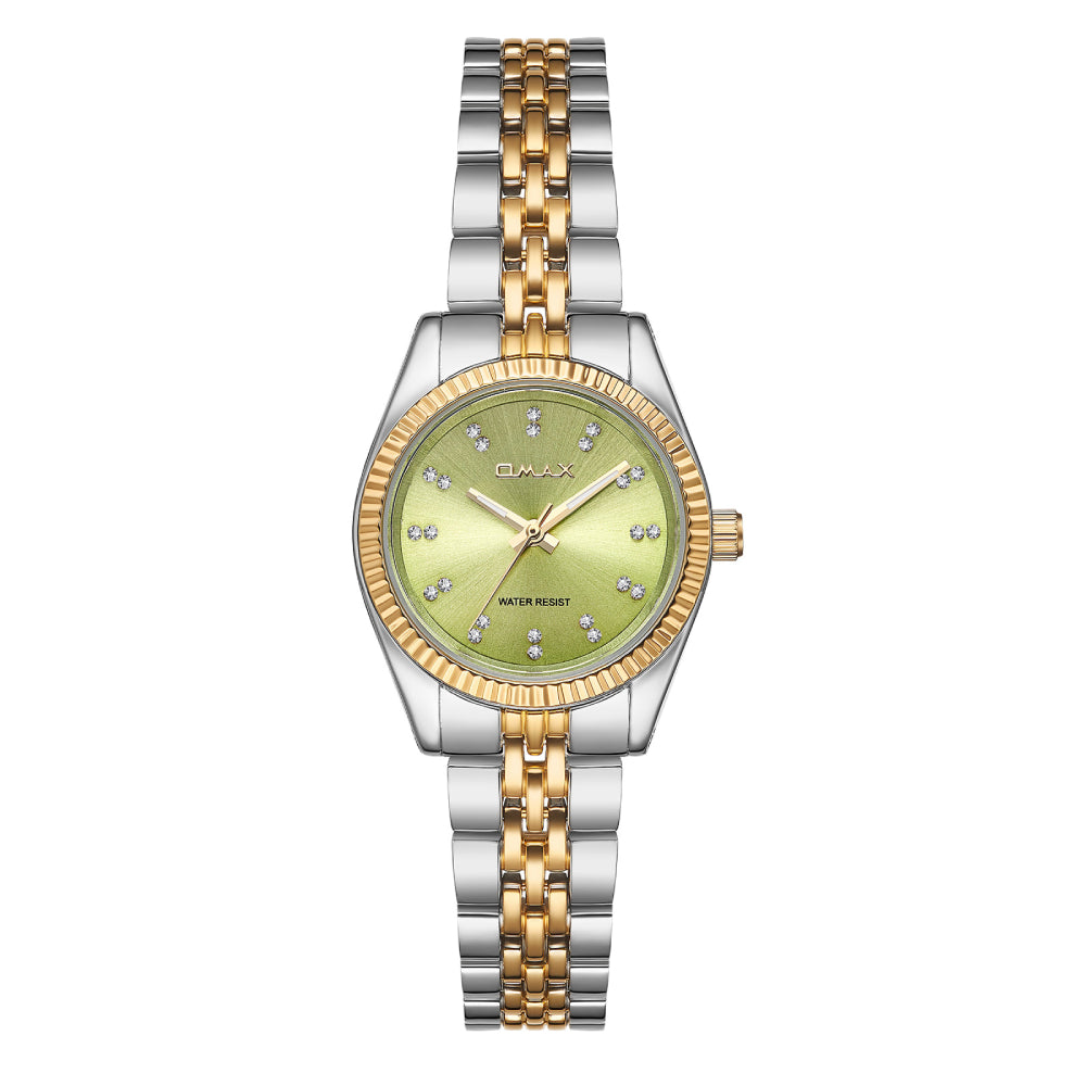 Omax Dual Tone Women’s Watch, Roman Numerals Green Dial, Gold Bezel, Stainless Steel, Water Resistant