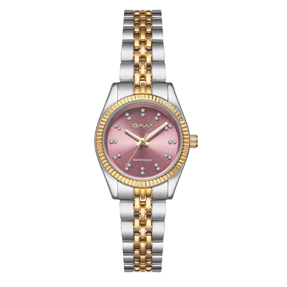 Omax Dual Tone Women’s Watch, Roman Numerals Pink Dial, Gold Bezel, Stainless Steel, Water Resistant