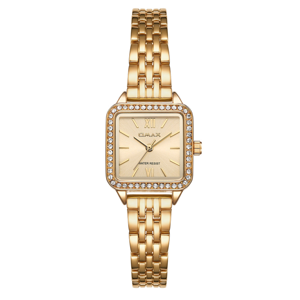 Omax Women’s Watch, Gold Square Dial, Crystal Bezel, Elegant Design, Stainless Steel, Waterproof