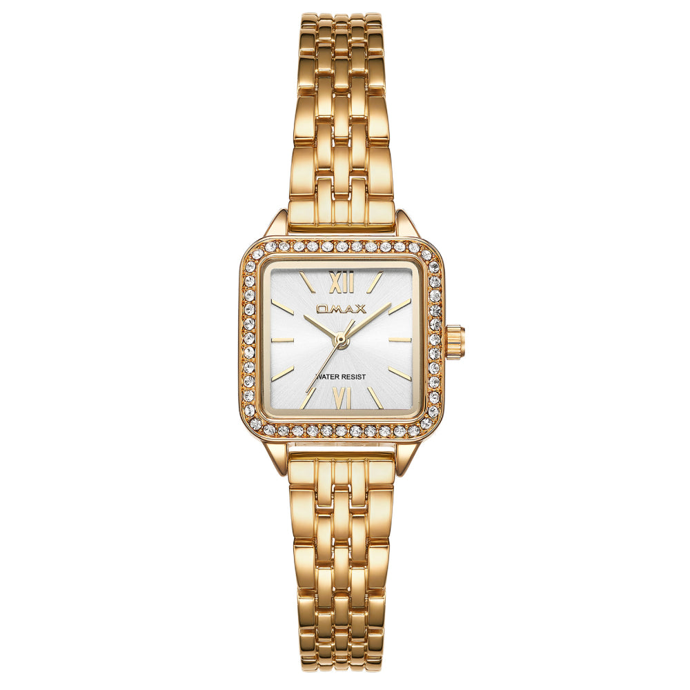 Omax Women’s Watch, White Square Dial, Crystal Bezel, Elegant Design, Stainless Steel, Waterproof