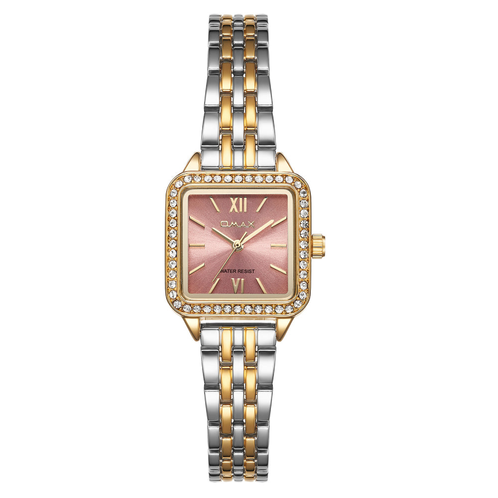 Omax Women’s Watch, Pink Square Dial, Crystal Bezel, Silver Stainless Steel, Waterproof