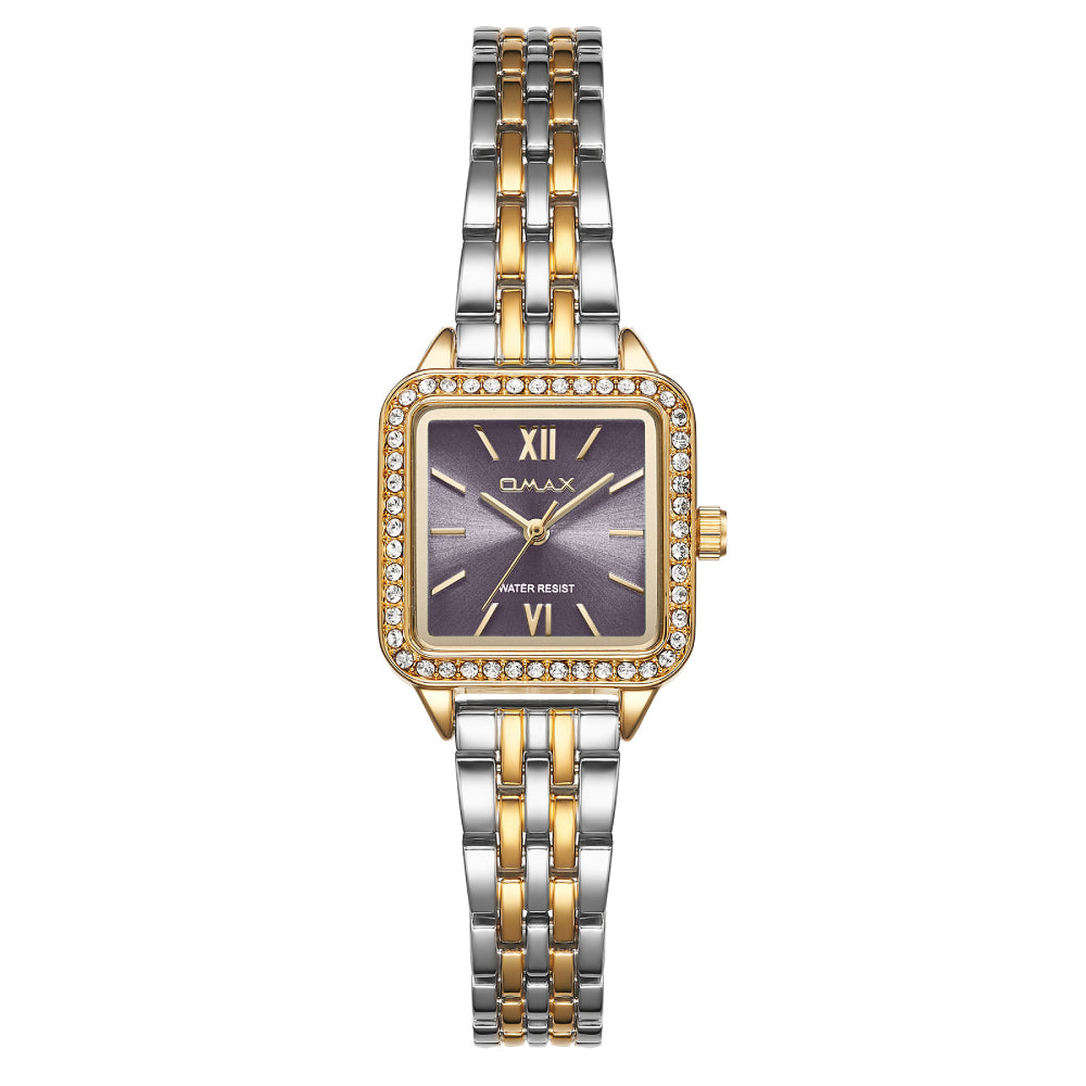 Omax Women’s Watch, Grey Square Dial, Crystal Bezel, Silver Stainless Steel, Waterproof