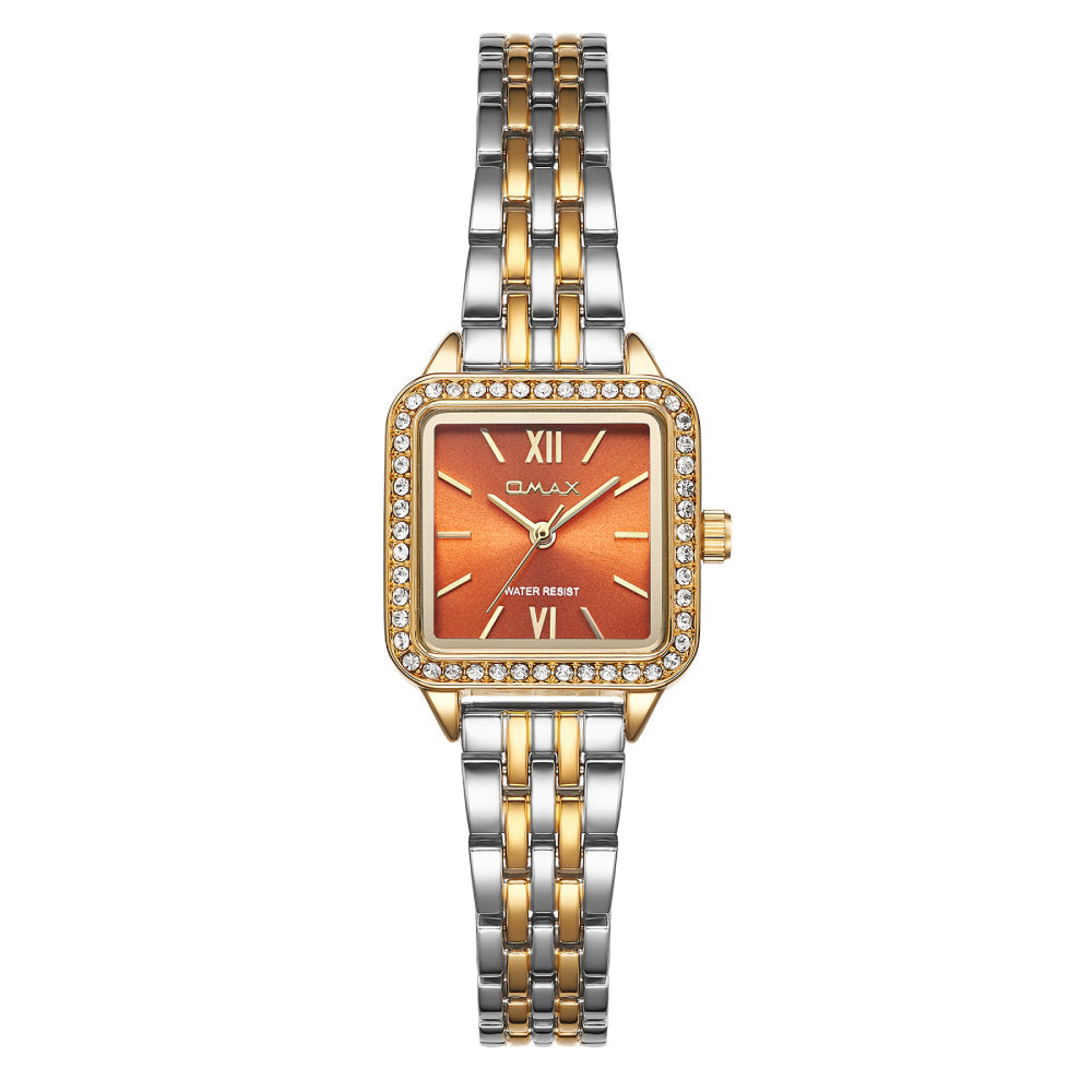 Omax Women’s Watch, Orange Square Dial, Crystal Bezel, Silver Stainless Steel, Waterproof