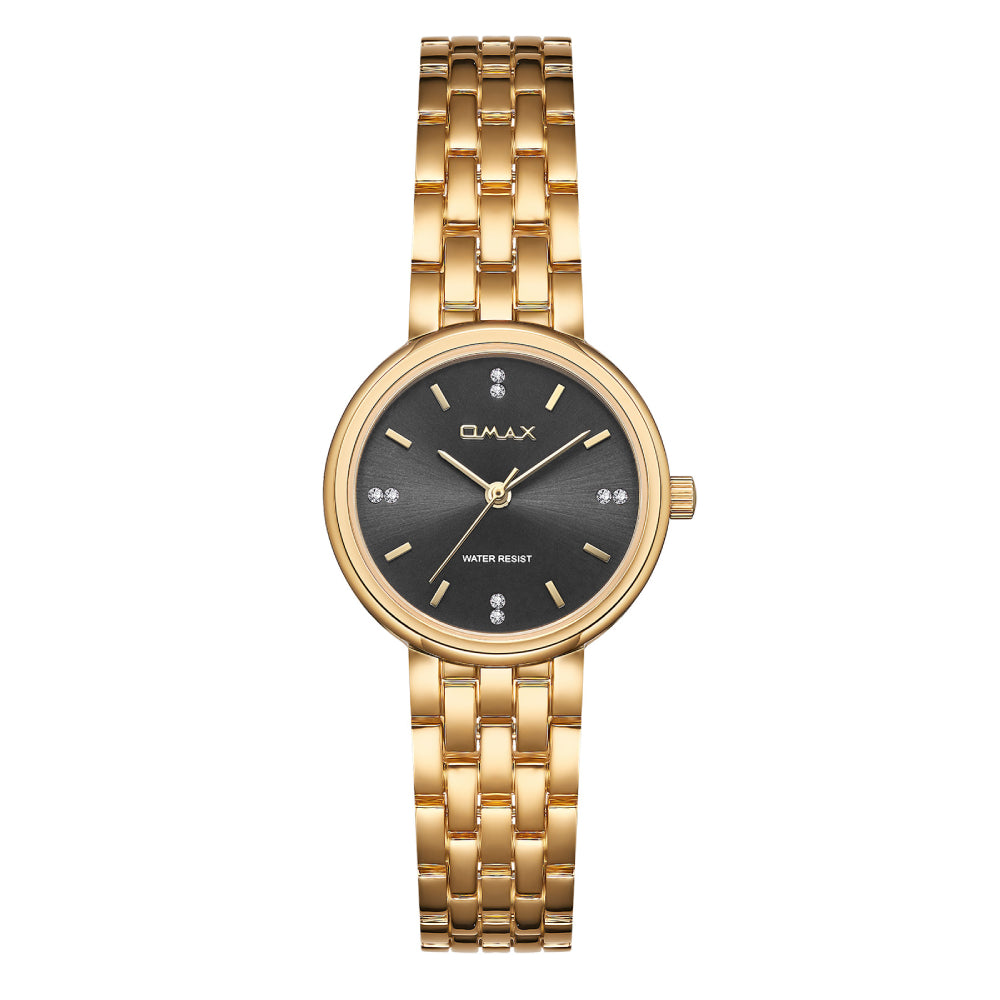 Omax Gold Women’s Watch, Black Round Dial, Crystal Bezel, Elegant Design, Stainless Steel, Waterproof