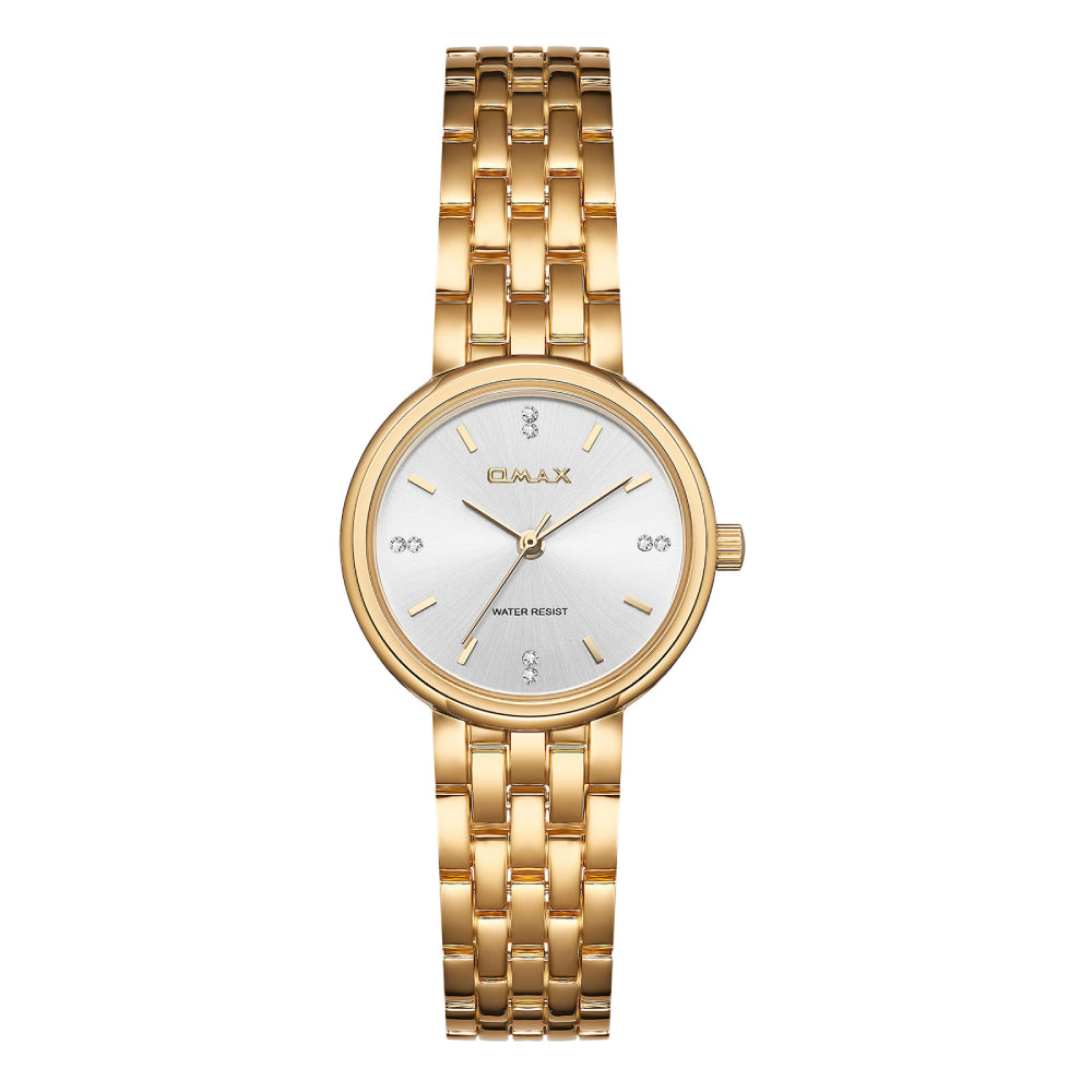 Omax Gold Women’s Watch, White Round Dial, Crystal Bezel, Elegant Design, Stainless Steel, Waterproof