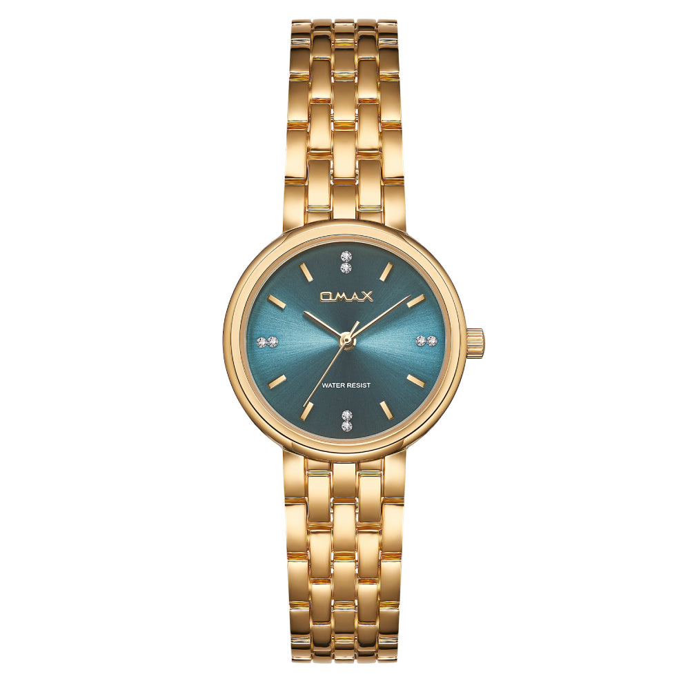Omax Gold Women’s Watch, Rich Teal Round Dial, Crystal Bezel, Elegant Design, Stainless Steel, Waterproof