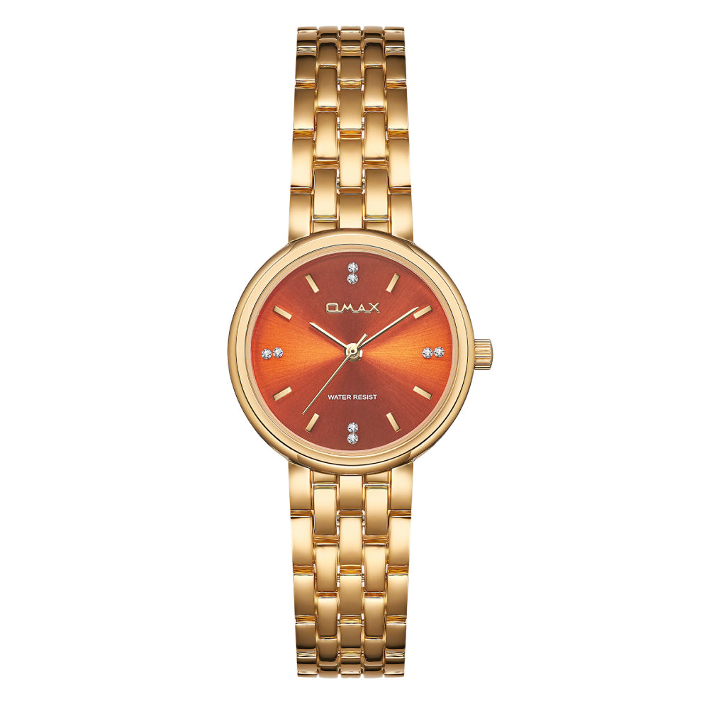 Omax Gold Women’s Watch, Orange Round Dial, Crystal Bezel, Elegant Design, Stainless Steel, Waterproof