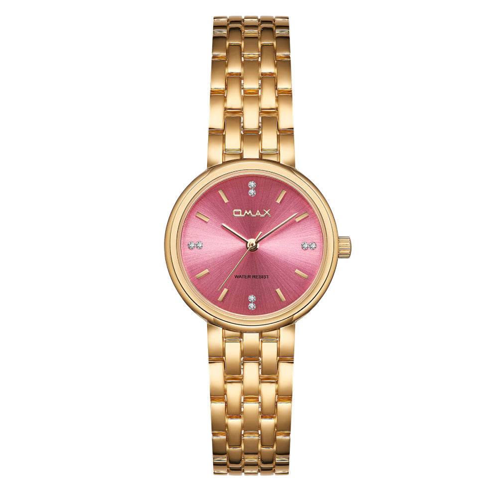 Omax Gold Women’s Watch, Pink Round Dial, Crystal Bezel, Elegant Design, Stainless Steel, Waterproof