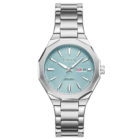 Omax Aqua Dial Men’s Watch, Stainless Steel, Day-Date, Waterproof