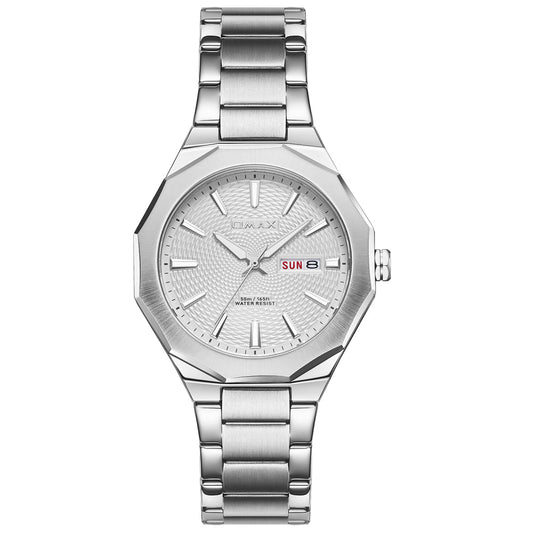 Omax Silver Dial Men’s Watch, Stainless Steel, Day-Date, Waterproof