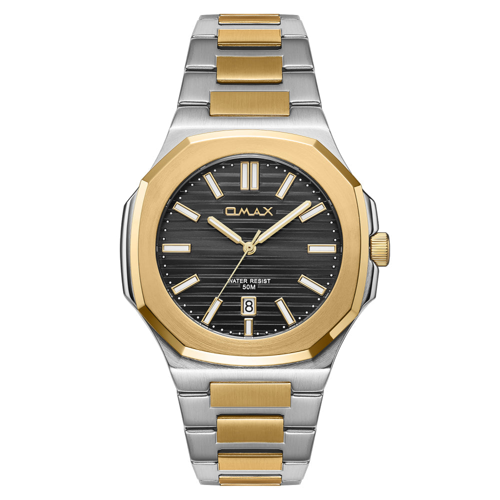 Omax Men’s Watch, Black Dial, Two-Tone Band, Stainless Steel, Waterproof