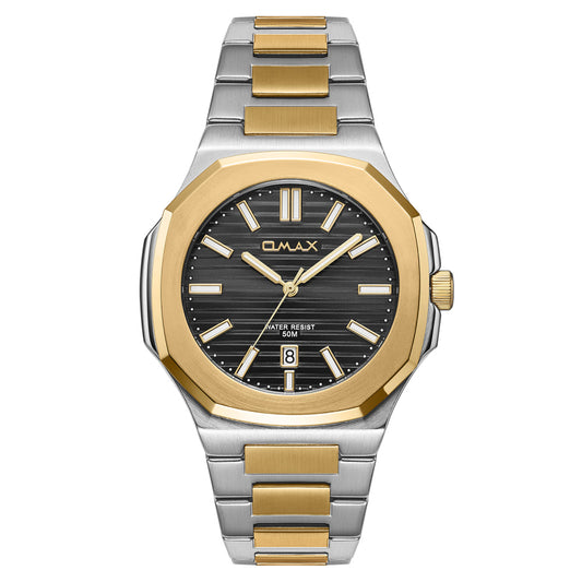 Omax Men’s Watch, Black Dial, Two-Tone Band, Stainless Steel, Waterproof
