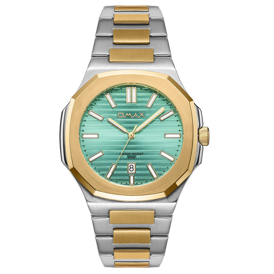 Omax Men’s Watch, Aqua Green Dial, Two-Tone Band, Stainless Steel, Waterproof