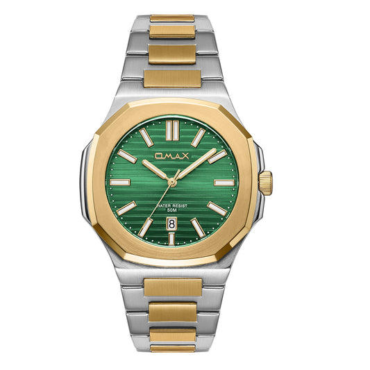 Omax Men’s Watch, Rich Green Dial, Two-Tone Band, Stainless Steel, Waterproof