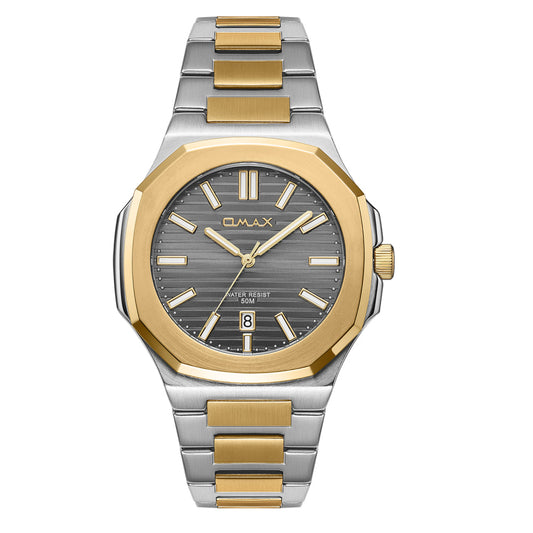 Omax Men’s Watch, Smoky Gray Dial, Two-Tone Band, Stainless Steel, Waterproof