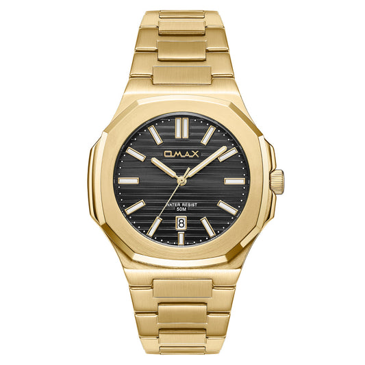 Omax Men’s Watch, Black Dial, Gold Stainless Steel, Water Resistant