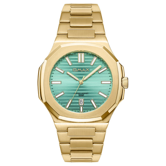 Omax Men’s Watch, Aqua Green Dial, Gold Stainless Steel, Water Resistant