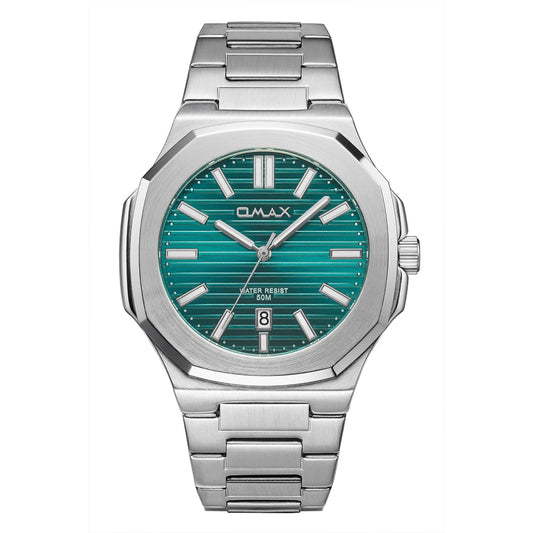 Omax Men’s Watch, Rich Teal Green Dial, Silver Stainless Steel Band, Water Resistant