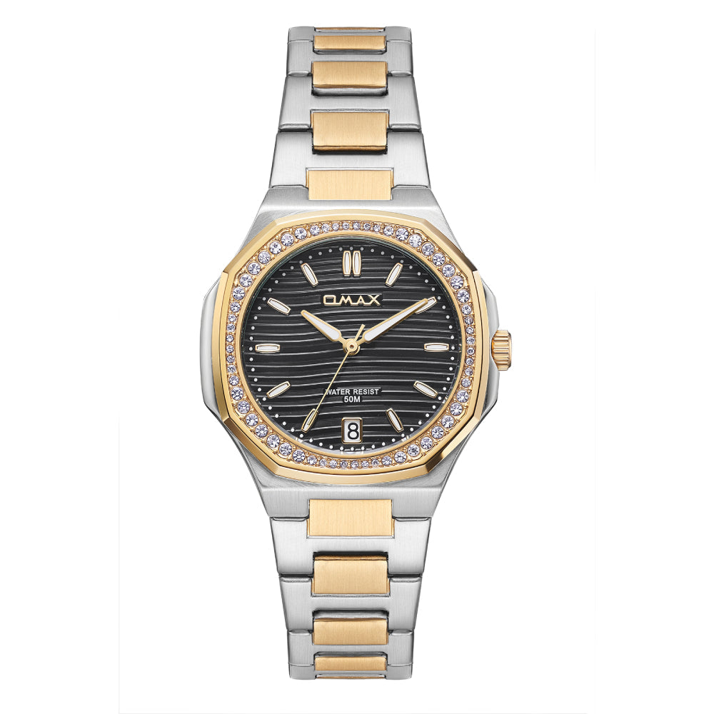 Omax Women's Watch, Black Crystal Bezel Dial, Dual-Tone Stainless Steel, Water Resistant