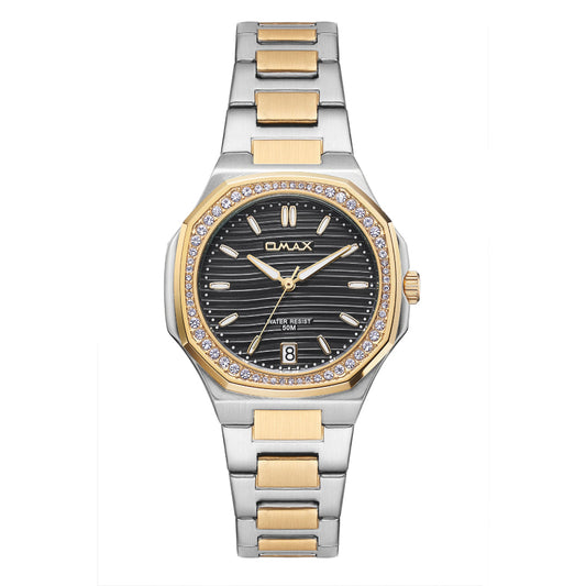 Omax Women's Watch, Black Crystal Bezel Dial, Dual-Tone Stainless Steel, Water Resistant