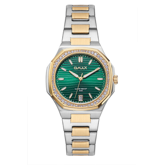Omax Women's Watch, Green Crystal Bezel Dial, Dual-Tone Stainless Steel, Water Resistant
