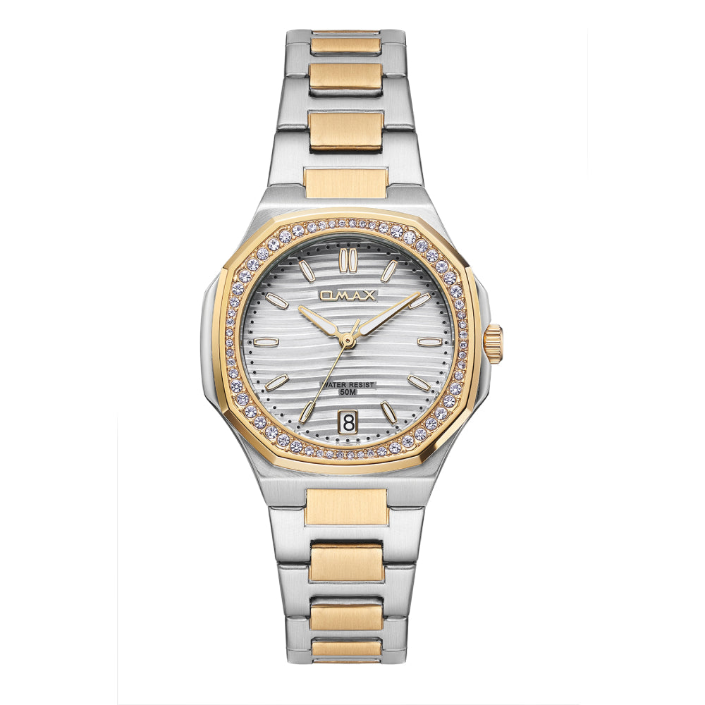 Omax Women's Watch, White Crystal Bezel Dial, Dual-Tone Stainless Steel, Water Resistant