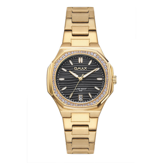 Omax Women's Watch, Black Dial With Crystal Bezel, Gold Stainless Steel, Water Resistant