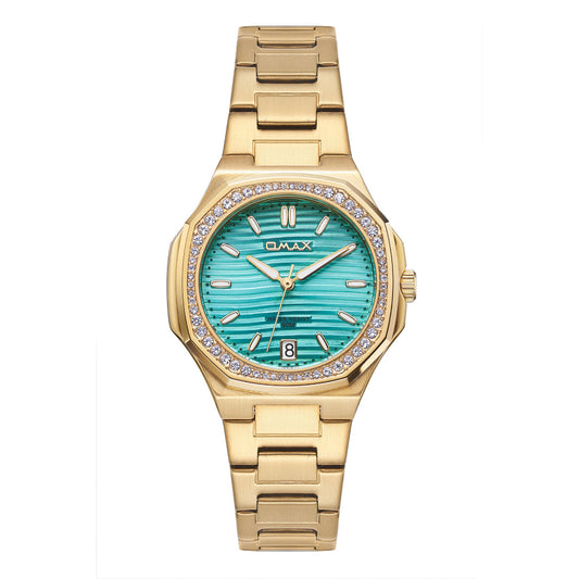 Omax Women's Watch, Turquoise Dial With Crystal Bezel, Gold Stainless Steel, Water Resistant
