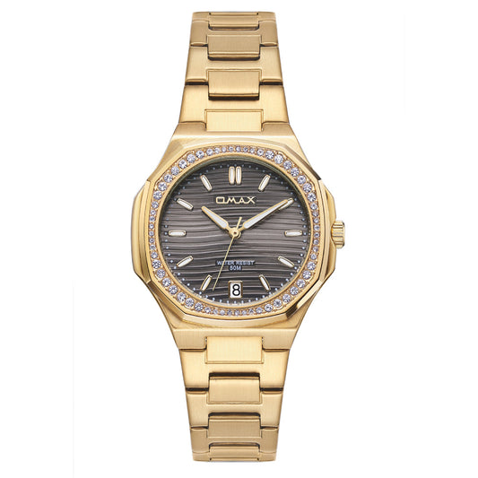 Omax Women's Watch, Grey Dial With Crystal Bezel, Gold Stainless Steel, Water Resistant