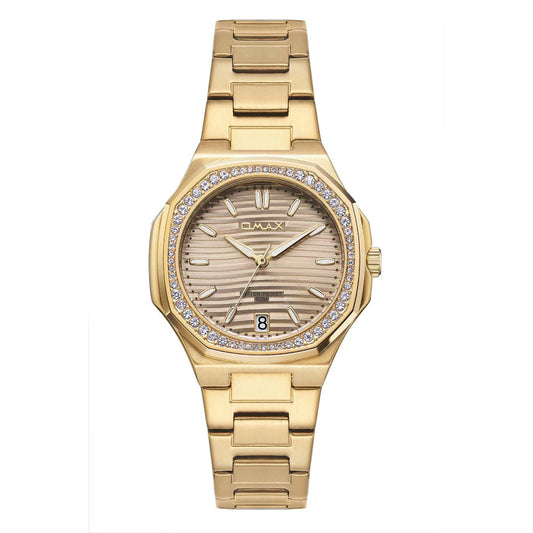 Omax Women's Watch, Gold Dial With Crystal Bezel, Stainless Steel, Water Resistant