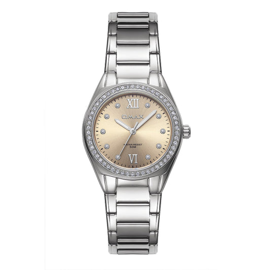 Omax Women's Watch, Gold Champagne Dial With Crystal Bezel, Stainless Steel, Water Resistant