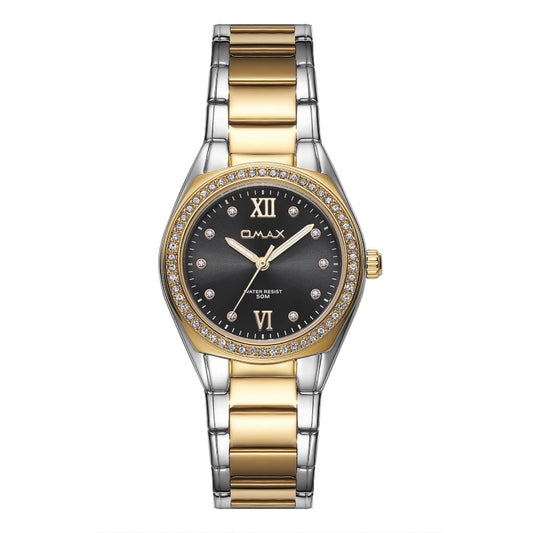 Omax Women's Watch, Black Champagne Dial With Crystal Bezel, Stainless Steel, Water Resistant
