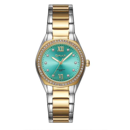 Omax Women's Watch, Aqua Champagne Dial With Crystal Bezel, Stainless Steel, Water Resistant