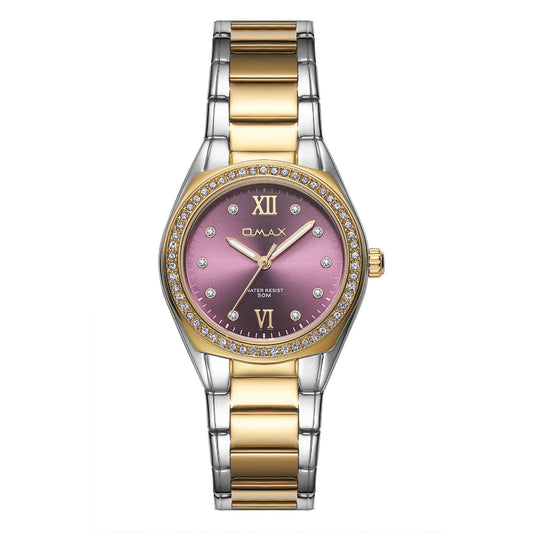 Omax Women's Watch, Purple Champagne Dial With Crystal Bezel, Stainless Steel, Water Resistant