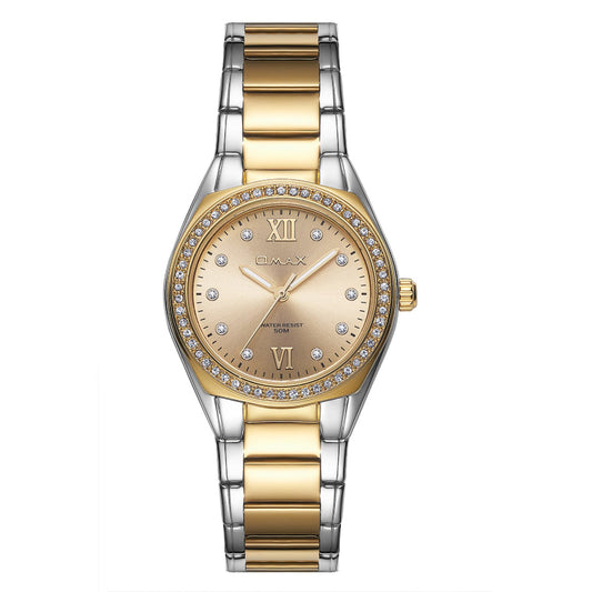 Omax Women's Watch, Gold Champagne Dial With Crystal Bezel, Dual-Tone Stainless Steel, Water Resistant