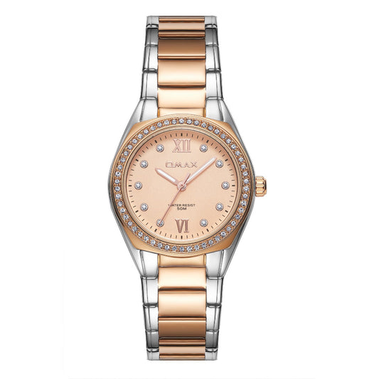 Omax Women's Watch, Rose Gold Champagne Dial With Crystal Bezel, Dual-Tone Stainless Steel, Water Resistant