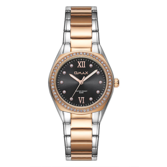 Omax Women's Watch, Black Champagne Dial With Crystal Bezel, Dual-Tone Stainless Steel, Water Resistant