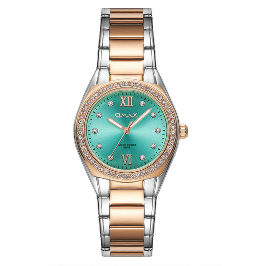 Omax Women's Watch, Aqua Champagne Dial With Crystal Bezel, Dual-Tone Stainless Steel, Water Resistant