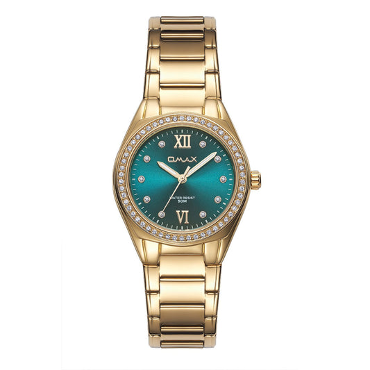 Omax Women's Watch, Turquoise Champagne Dial With Crystal Bezel, Stainless Steel, Water Resistant