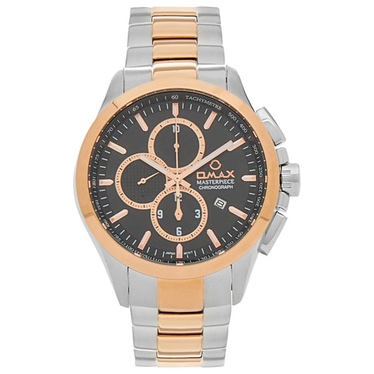 Omax Masterpiece Men’s Watch, Black Chronograph Dial, Date Display, Dual Tone Stainless Steel Band, Water Resistant