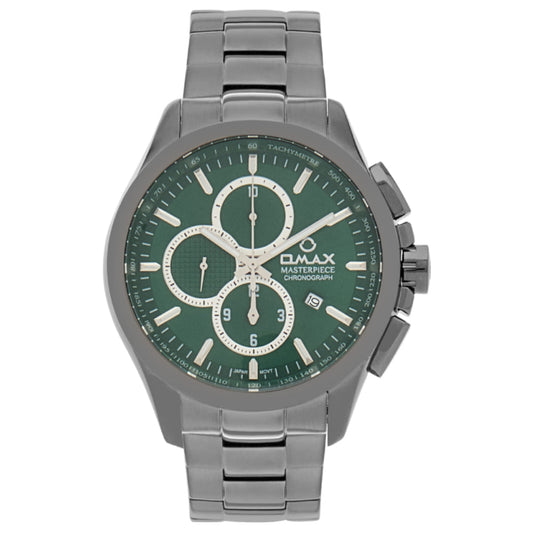 Omax Masterpiece Men’s Watch, Green Chronograph Dial, Date Display, Grey Stainless Steel Band, Water Resistant