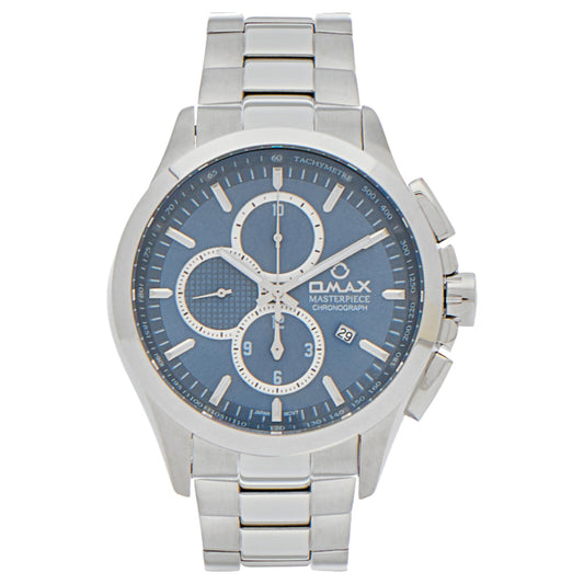 Omax Masterpiece Men’s Watch, Blue Chronograph Dial, Date Display, Stainless Steel Band, Water Resistant