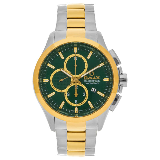Omax Masterpiece Men’s Watch, Green Chronograph Dial, Gold Bezel, Date Display, Stainless Steel Band, Water Resistant