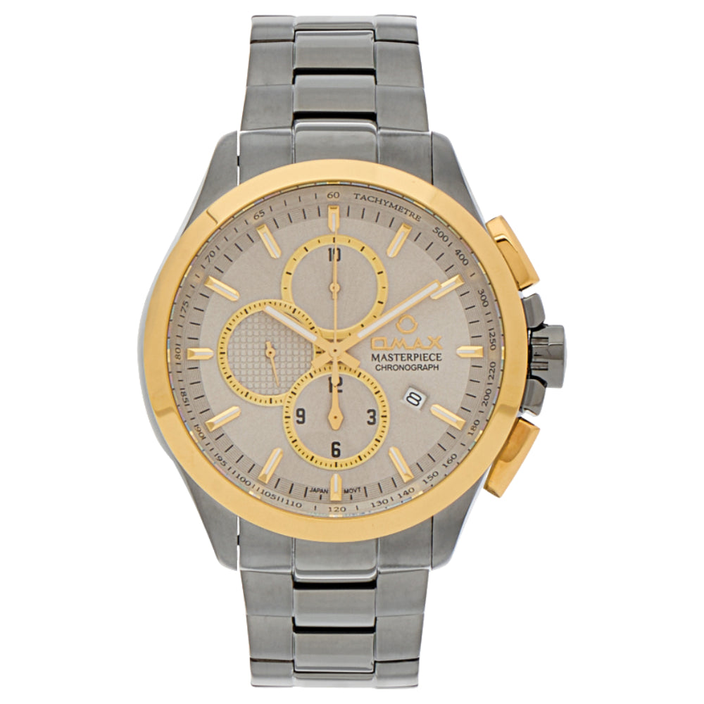 Omax Masterpiece Men’s Watch, Grey Chronograph Dial, Gold Bezel, Date Display, Stainless Steel Band, Water Resistant