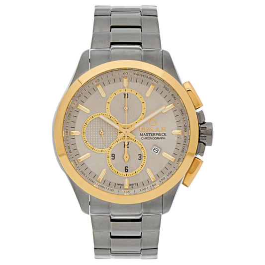 Omax Masterpiece Men’s Watch, Grey Chronograph Dial, Gold Bezel, Date Display, Stainless Steel Band, Water Resistant
