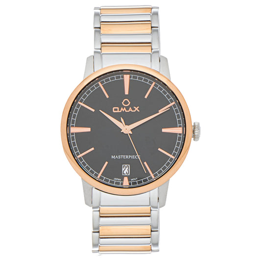 Omax Masterpiece Men’s Watch, Black Dial, Gold Bezel, Date Display, Stainless Steel Band, Water Resistant