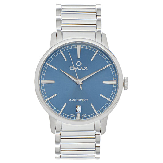 Omax Masterpiece Men’s Watch, Blue Dial, Date Display, Stainless Steel Band, Water Resistant