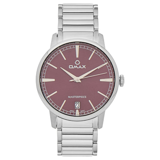 Omax Masterpiece Men’s Watch, Maroon Dial, Date Display, Two Tone Stainless Steel Band, Water Resistant